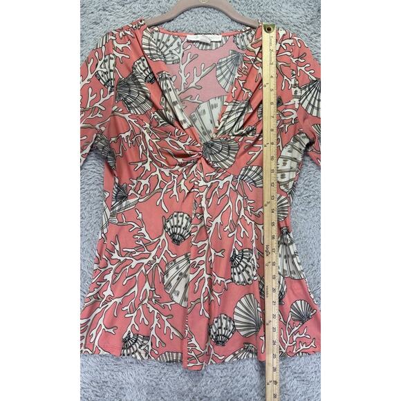 Boston Proper Coral Beach Seashell Print 3/4 Sleeves V-Neck Ruched Top Size 5 - Picture 6 of 14